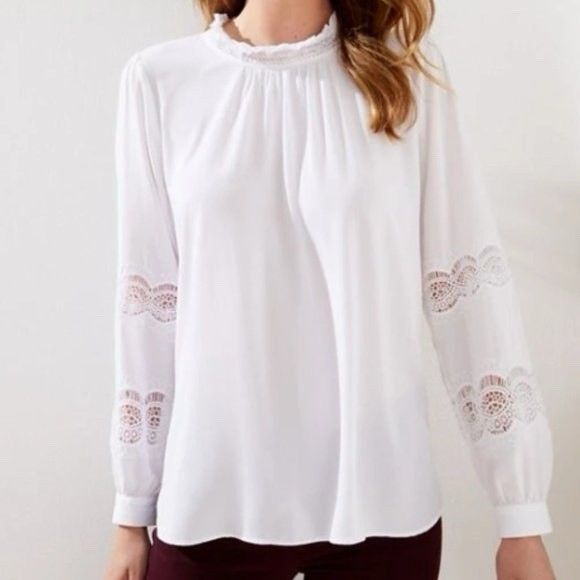 Loft Long Sleeve Blouse Women Size XL White Ruffle Neck Vtg Look Eyelet Cutout - Picture 1 of 8